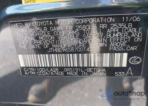 2007 Lexus Gs 350 z USA, uszkodzony, nr VIN JTHBE96S870014373